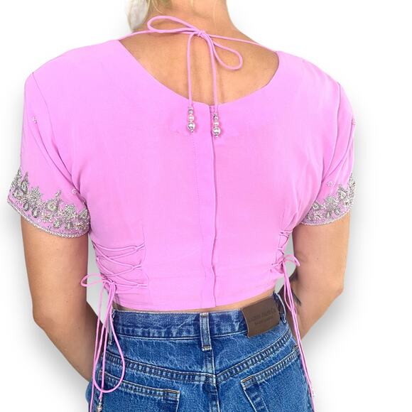 Baby Pink Barbie Embellished Sparkle Beaded Sequin Glitter Corset Tie Crop Top - Picture 7 of 7